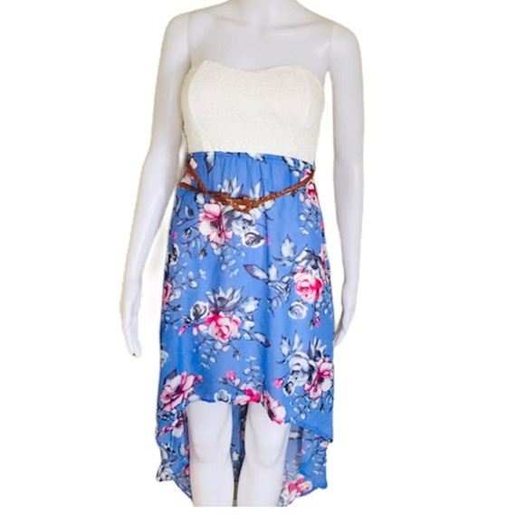 ARDENE Floral Hi Lo Fit Dress With Lace Front & Belted Detailing Blue Size Small - Picture 1 of 10